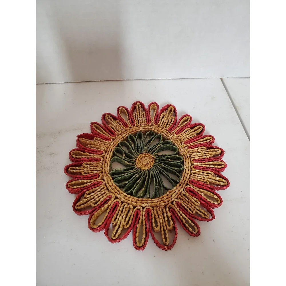Vintage Woven Round Trivet  Rattan Wicker Straw Colorful BoHo